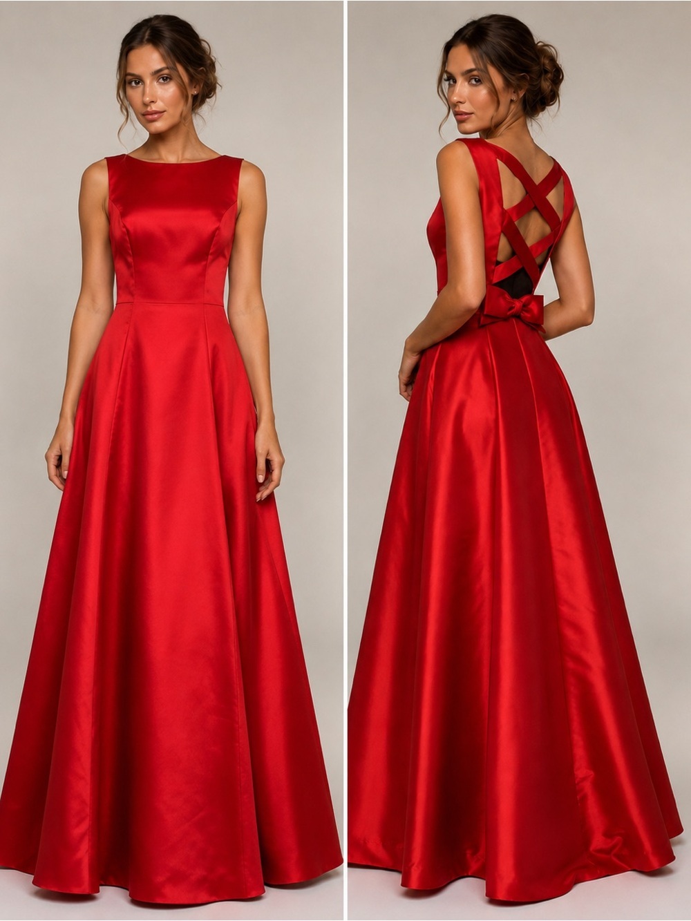 Bill Levkoff Red satin crisscross bow back prom wedding bridesmaid gown dress🔥